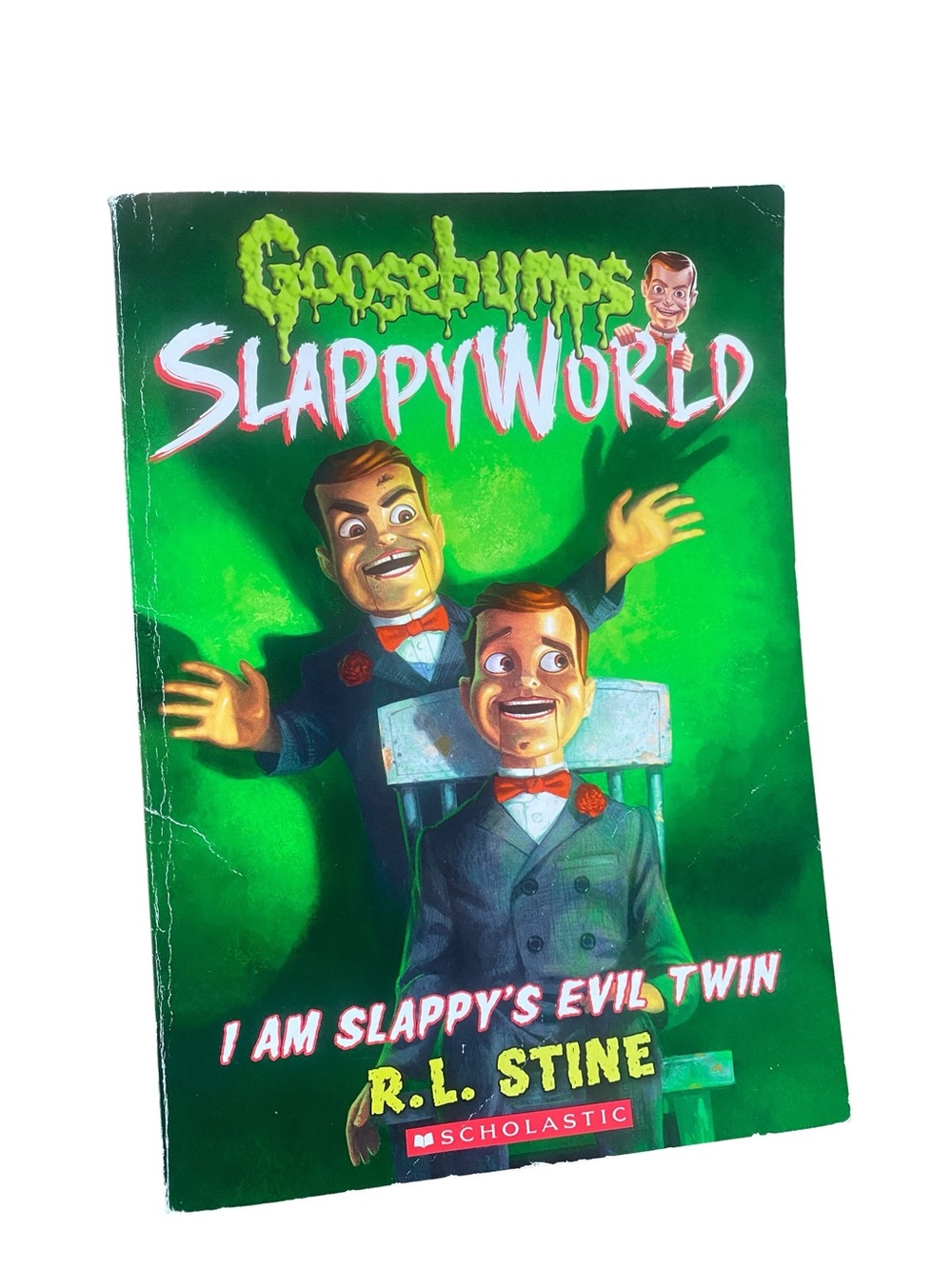 Scholastic Goosebumps SlappyWorld Back Cover — Green with Yellow & Red Text